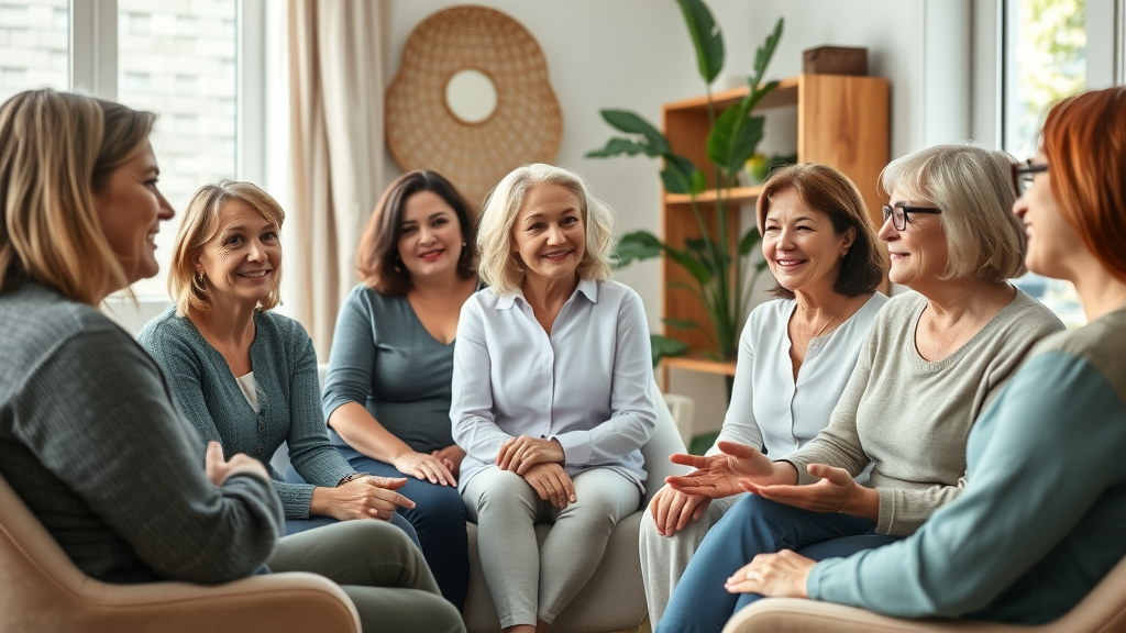 midlife crisis: diverse group of middle-aged women in welcoming counselling session