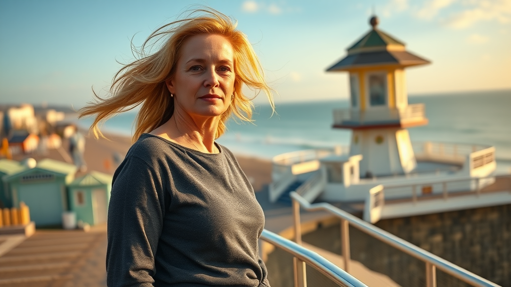 Woman empowered after mid-life crisis counselling in Brighton by seafront.