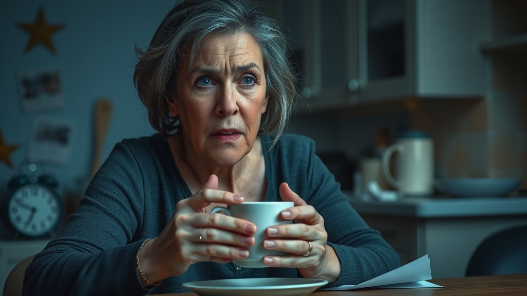 Middle-aged woman experiencing midlife anxiety symptoms, late-night worries at kitchen table