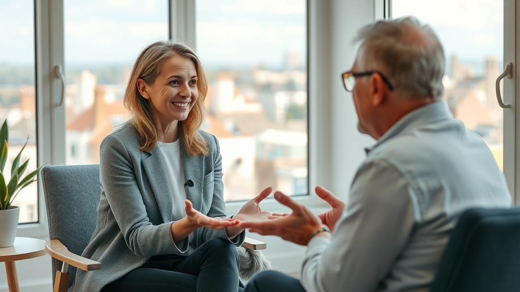 Brighton counsellor and middle-aged client connect in mid-life crisis counselling session.