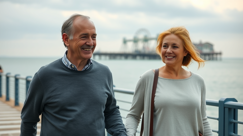 Middle-aged couple find balance with mid-life crisis counselling in Brighton.
