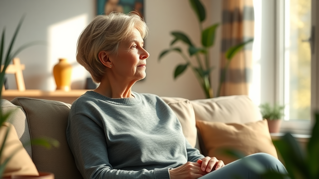 mid-life anxiety counselling for women: thoughtful middle-aged woman serene on sofa in sunlit room