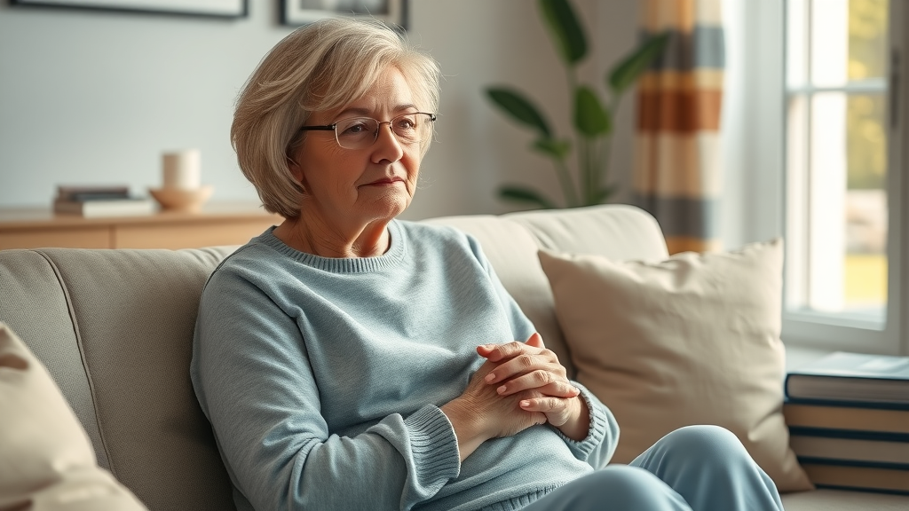 Serene mature woman reflecting during mid-life anxiety counselling for women, sitting in a calm, cozy home