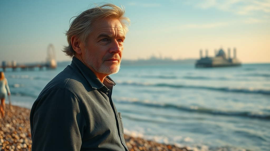 Middle-aged man contemplates life during mid-life crisis counselling in Brighton.