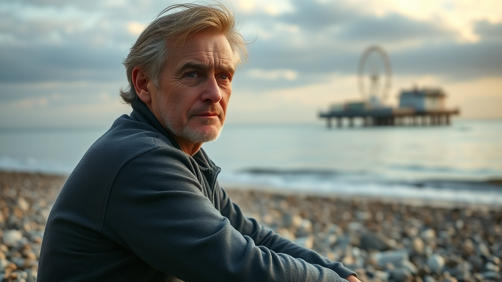 Contemplative man seeks mid-life crisis counselling in Brighton on peaceful beach.