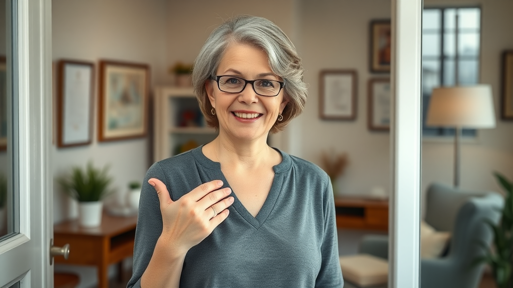 Confident middle-aged woman therapist welcoming clients for mid-life anxiety counselling for women in a calming office