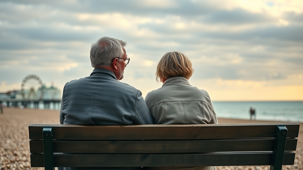Middle-aged couple reflectively seeking mid-life crisis counselling in Brighton by the sea.