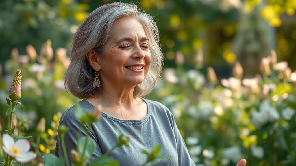 mid-life anxiety counselling for women: confident woman in her 50s practicing mindfulness in tranquil garden