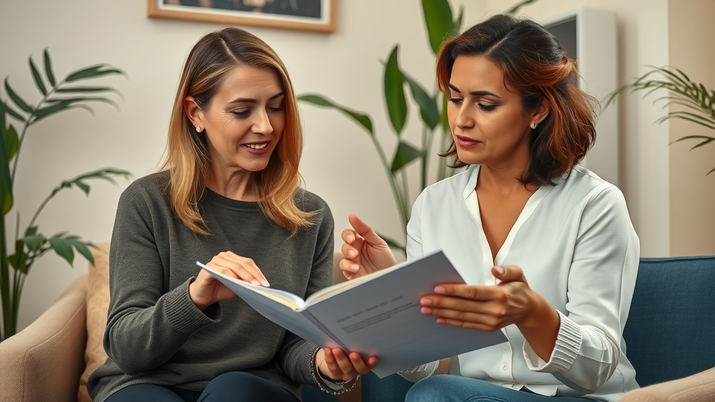 Female therapist providing individualized mid-life anxiety counselling for women, discussing therapy plans in a supportive environment