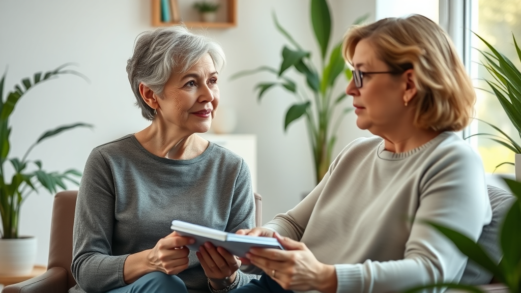 Cognitive behavioral therapy for mid-life anxiety counselling for women, counsellor supporting a client in a calm therapy office