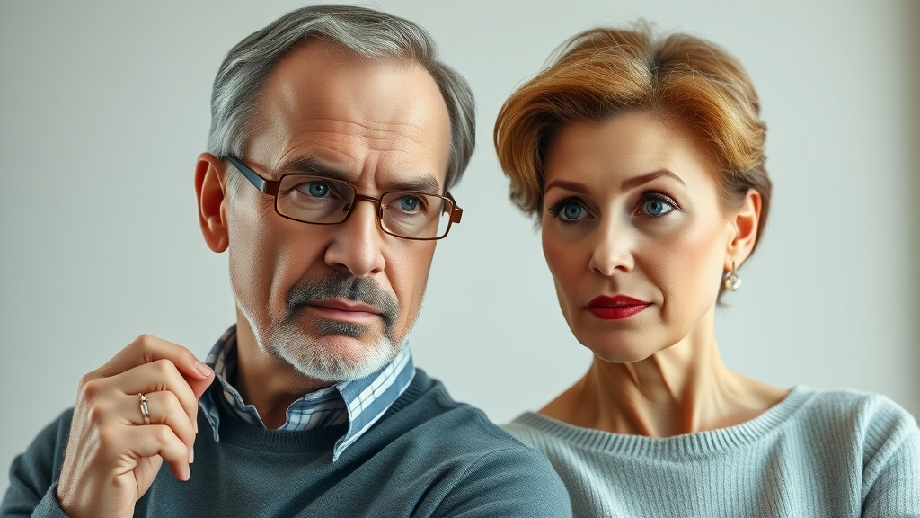 midlife crisis men and women: thoughtful middle-aged man and woman portrait comparison