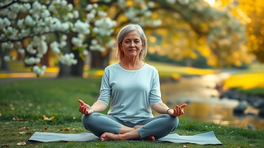 Calm middle-aged woman practicing mindfulness meditation, a core technique in mid-life anxiety counselling for women